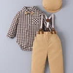 Mark & Mia Cotton Full Sleeves Checkered Onesie & Trouser with Suspender Hat & Bow - Light Brown