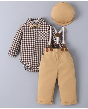 Mark & Mia Cotton Full Sleeves Checkered Onesie & Trouser with Suspender Hat & Bow - Light Brown