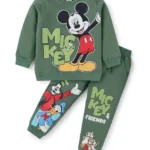 Babyhug Disney Single Jersey Knit Full Sleeves T-Shirt & Track Pant Set With Mickey & Friends Graphics - Olive