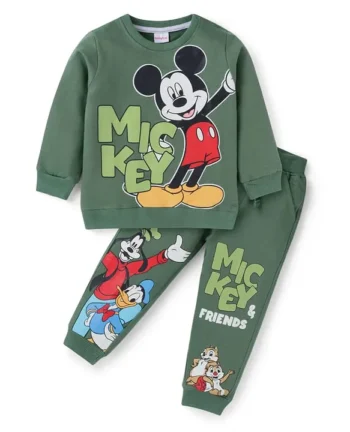 Babyhug Disney Single Jersey Knit Full Sleeves T-Shirt & Track Pant Set With Mickey & Friends Graphics - Olive