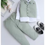 Fourfolds Full Sleeves Solid Shirt With Waistcoat Trouser Bow Set - Green