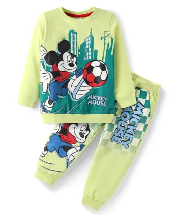 Babyhug Disney Single Jersey Knit Full Sleeves T-Shirt & Lounge Pant Set With Mickey Mouse Graphics - Light Green