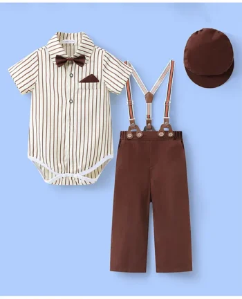 Mark & Mia Cotton Half Sleeves Striped Onesie & Pant Set with Suspender Bow & Cap - Brown White