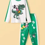 HoneyHap Disney Single Jersey Knit Full Sleeves Cut & Sew T-Shirt & Lounge Pants Set with Mickey Mouse Graphics - Green & White