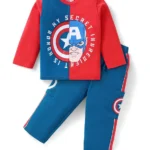 Babyhug Marvel Single Jersey Knit Full Sleeves T-Shirt & Lounge Pant Set With Avengers Graphics & Badge Detailing - Red & Blue