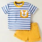 ToffyHouse Cotton Knit Half Sleeves Striped T-Shirt & Shorts Set With Lion Patch - Light Blue & Yellow