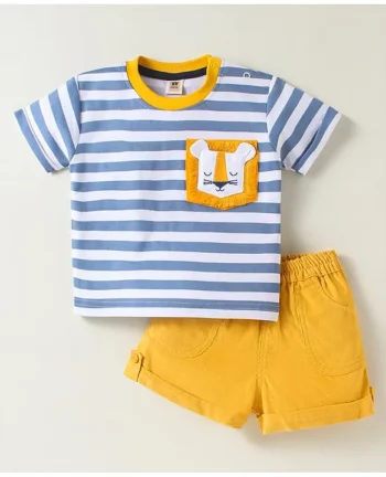 ToffyHouse Cotton Knit Half Sleeves Striped T-Shirt & Shorts Set With Lion Patch - Light Blue & Yellow