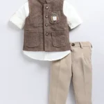 LITTLE COLLARS Full Sleeves Sequins Embellished Owl Designed Three Piece Party Suit Set - Coffee Brown