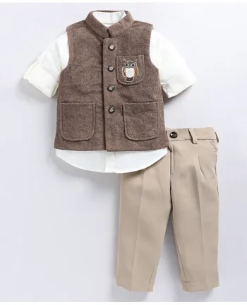 LITTLE COLLARS Full Sleeves Sequins Embellished Owl Designed Three Piece Party Suit Set - Coffee Brown