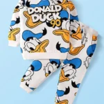 Babyhug Disney Cotton Knit Full Sleeves Oversize Drop Shoulder T-Shirt & Joggers Set with Donald Duck Print - Blue & White