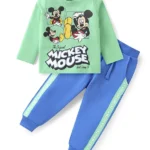 Babyhug Disney Single Jersey Knit Full Sleeves T-Shirt & Lounge Pant With Mickey Mouse Graphics - Light Green & Blue