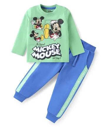 Babyhug Disney Single Jersey Knit Full Sleeves T-Shirt & Lounge Pant With Mickey Mouse Graphics - Light Green & Blue