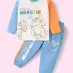 Babyhug Disney Single Jersey Knit Full Sleeves T-Shirt & Lounge Pant Set with Monster Graphics - Light Blue