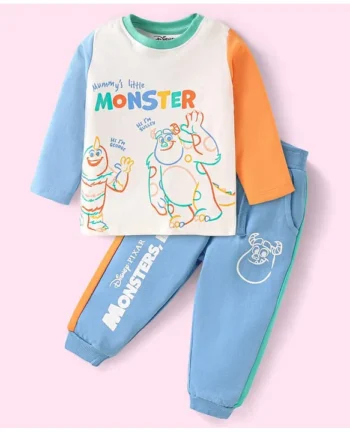 Babyhug Disney Single Jersey Knit Full Sleeves T-Shirt & Lounge Pant Set with Monster Graphics - Light Blue