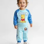 Babyhug Disney Terry Knit Full Raglan Sleeves T-Shirt & Cut & Sew Lounge Pant with Winnie the Pooh Graphics - Light Blue