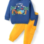 Babyhug Terry Knit Full Sleeves Dino Print T-Shirt & Color Block Lounge Pants - Blue Yellow