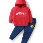 Babyhug Terry Knit Full Sleeves Hooded Sweatshirt & Lounge Pant with Text Print - Red & Blue