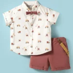ToffyHouse Poplin Woven Half Sleeves Vehicle Printed Shirt & Shorts With Bow & Suspender - White & Maroon