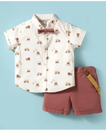 ToffyHouse Poplin Woven Half Sleeves Vehicle Printed Shirt & Shorts With Bow & Suspender - White & Maroon