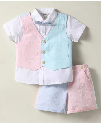 ToffyHouse Cotton Woven Half Sleeves Checkered 3 Piece Party Suit with Bow - Pink White & Light Blue