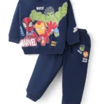 Babyhug Marvel Terry Knit Full Sleeves T-Shirt & Lounge Pant Set With Avengers Graphics - Navy Blue