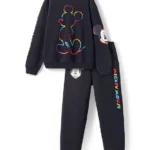 HoneyHap Disney Terry Knit Full Sleeve Sweatshirt & Lounge Pant Set With Mickey Mouse Graphic and Foil Detailing- Black