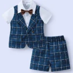 Mark & Mia Half Sleeves Checkered Shirt & Shorts Set with Attached Waistcoat & Bow - Navy Blue