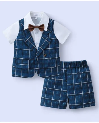 Mark & Mia Half Sleeves Checkered Shirt & Shorts Set with Attached Waistcoat & Bow - Navy Blue