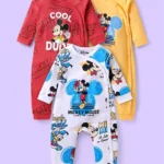 Babyhug Disney Interlock Knit Full Sleeves Front Open Rompers with Mickey Mouse Graphics Pack of 3 - Red White & Yellow