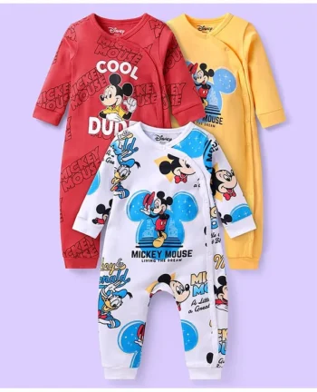 Babyhug Disney Interlock Knit Full Sleeves Front Open Rompers with Mickey Mouse Graphics Pack of 3 - Red White & Yellow