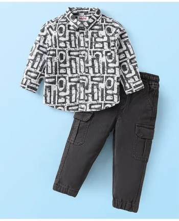 Babyhug Cotton Woven Full Sleeves Printed Shirt & Solid Trouser Set - White & Charcoal Grey
