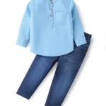 Babyhug Cotton Woven Full Sleeves Solid Shirt & Denim Jeans Set - Light & Navy Blue
