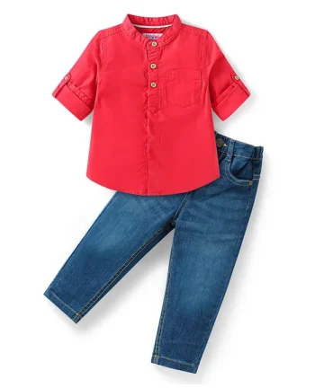 Babyhug Cotton Woven Full Sleeves Mandarin Collar Shirt & Jeans - Dark Pink & Blue