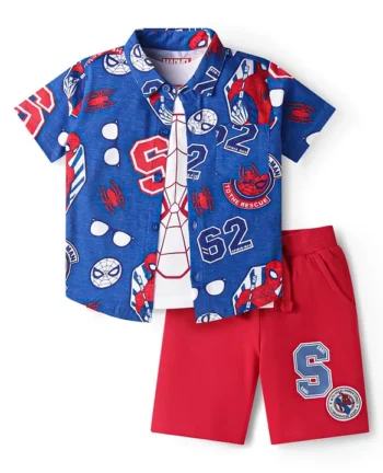 Babyhug Marvel Single Jersey Knit Half Sleeves Spider Man Printed Shirt T-Shirt & Shorts Set - Blue Red & White