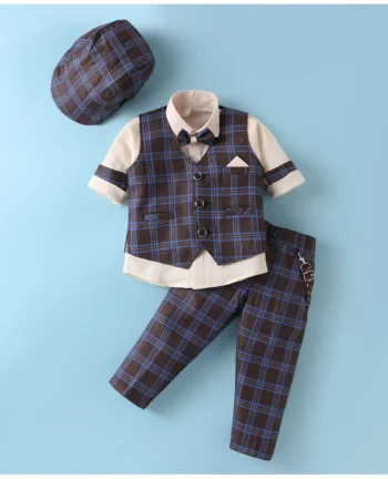Rikidoos Full Sleeves Solid Shirt With Checked Waistcoat Pant Suspender Cap & Bow Set - Cream & Brown