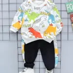 Googo Gaaga Cotton Full Sleeves Dinosaurs & Text Printed Sweatshirt With Joggers Set - White