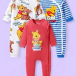 Babyhug Disney Babyhug Interlock Knit Full Sleeves Front Open Rompers with Winnie the Pooh Graphics & Stripes Pack of 3 - Red White & Blue