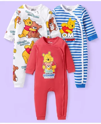 Babyhug Disney Babyhug Interlock Knit Full Sleeves Front Open Rompers with Winnie the Pooh Graphics & Stripes Pack of 3 - Red White & Blue