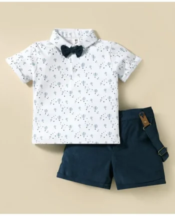 ToffyHouse Cotton Knit Half Sleeves Balloon Printed T-Shirt & Shorts Set with Bow & Suspender - White & Navy Blue