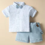 ToffyHouse Cotton Knit Half Sleeves Printed Polo T-Shirt & Shorts With Bow & Suspender - Light Blue