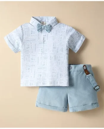 ToffyHouse Cotton Knit Half Sleeves Printed Polo T-Shirt & Shorts With Bow & Suspender - Light Blue