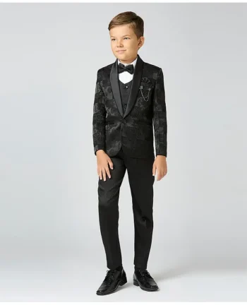 KIDS ISLAND Full Sleeves Abstract Embroidered 4 Piece Party Suit Set WIth Bow - Black