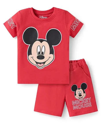 Babyhug Disney Single Jersey Knit Half Sleeves T-Shirt & Shorts Set with Mickey Mouse Graphics - Red