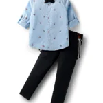 Mark & Mia Cotton Woven Full Sleeves Printed Shirt & Trouser With Bow & Suspender - Light Blue & Black