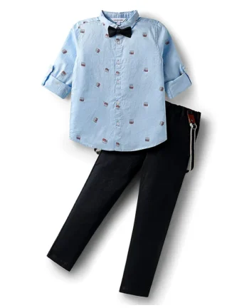 Mark & Mia Cotton Woven Full Sleeves Printed Shirt & Trouser With Bow & Suspender - Light Blue & Black