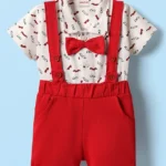 Babyhug Single Jersey Knit Half Sleeves Printed Shirt & Shorts Set With Bow Applique - White & Red