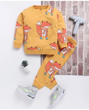 TOONYPORT Cotton Blend Full Sleeves Fox Printed Tee With Coordinating Pant Set - Mustard
