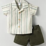 Child World Cotton Knit Half Sleeves Striped Shirt & Shorts Set - Olive Green