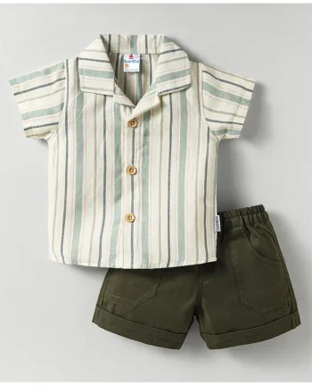 Child World Cotton Knit Half Sleeves Striped Shirt & Shorts Set - Olive Green