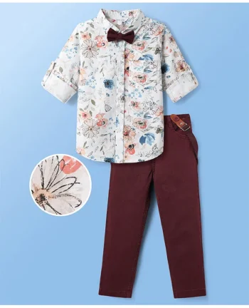 Mark & Mia Cotton Woven Full Sleeves Shirt & Trouser Set with Bow & Suspender with Floral Print - Maroon & White